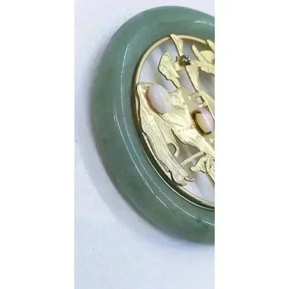 Vintage Jade Aventurine Eternity Circle Pendant Gold Filled Opal Rhinestone - Picture 8 of 9